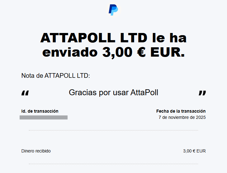 Prueba de pago de AttaPoll recibida en PayPal